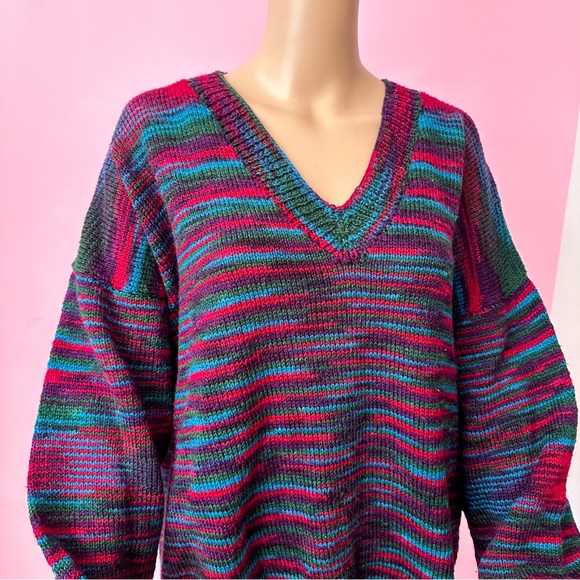 Vintage 90’s Multicolour Handmade V Neck Grunge Baggy Sweater Size XL - Picture 3 of 8